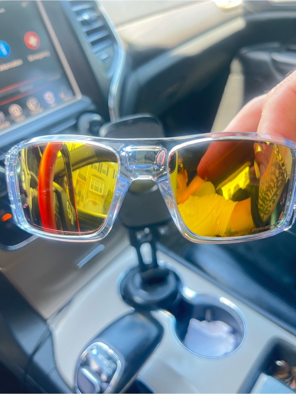 NEW Clear Frame Sunglasses with Gold Mirrored Oakley Lenses. Box etc.